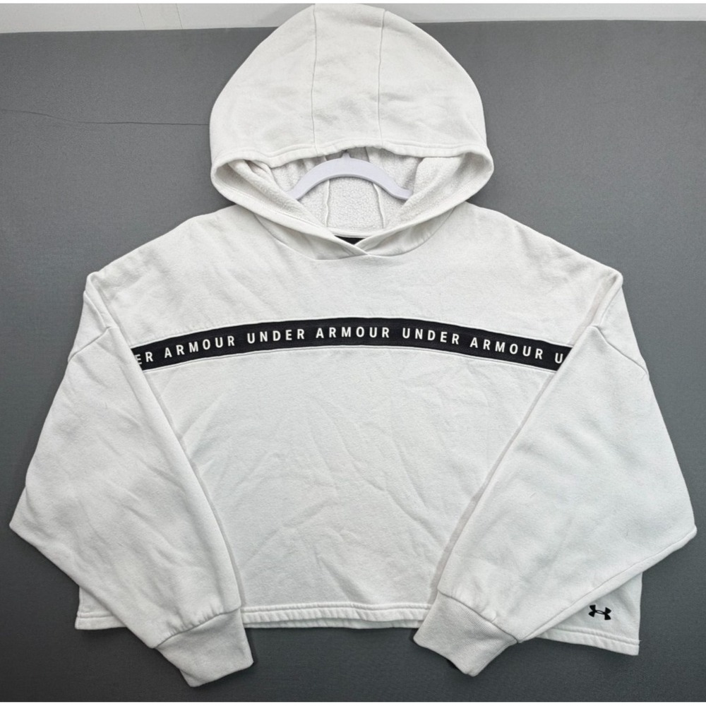 Under Armour Cropped Hoodie White Taped Logo Pullover 1328947 | Women's Large
